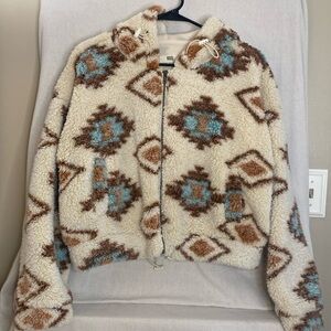 RSQ Fleece Hooded Coat Zip-Up Western/Bohemian, Size Medium Brown/Teal/Cream